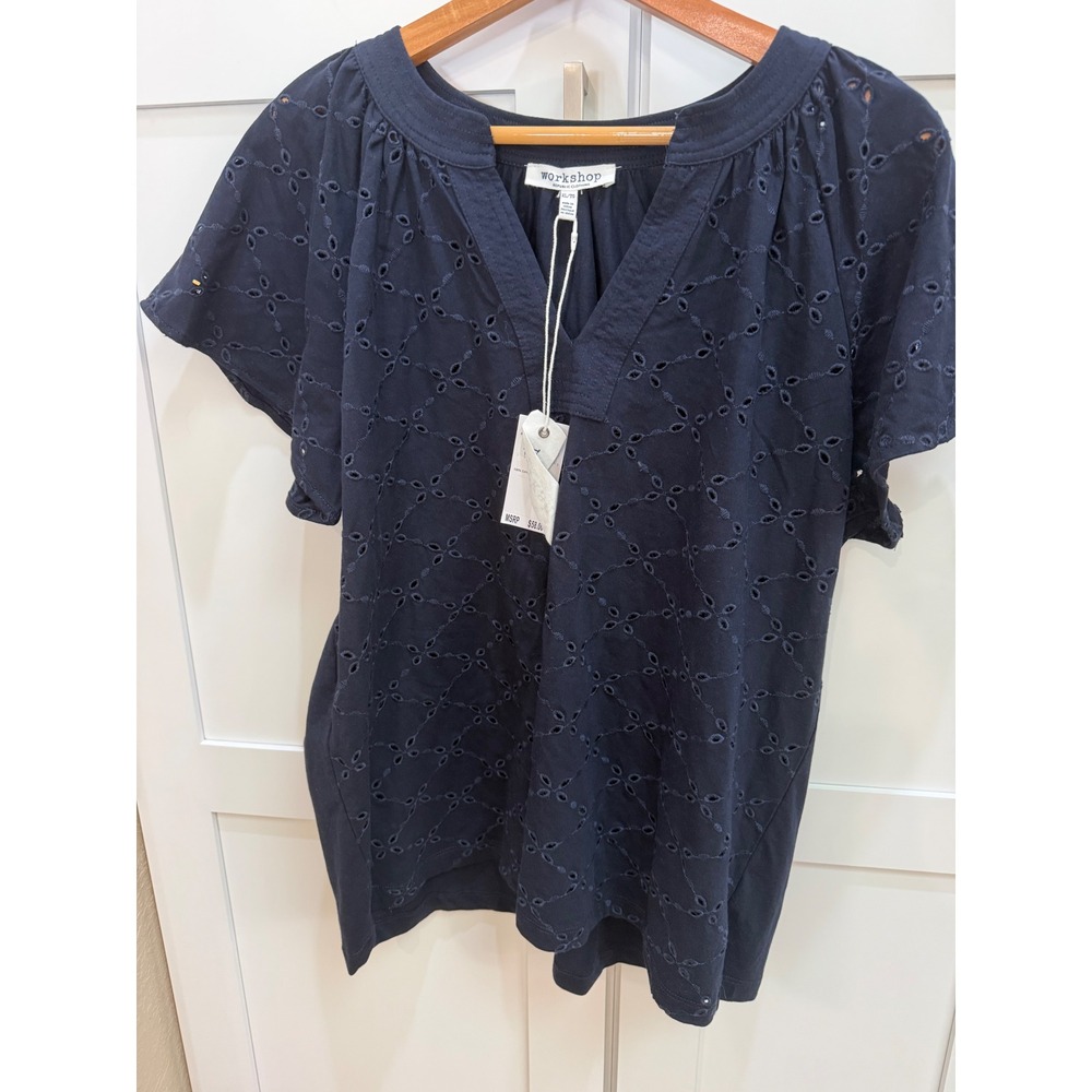 Workshop Republic Clothing Navy Blue Eyelet V-Neck Cotton Top XL NWT
